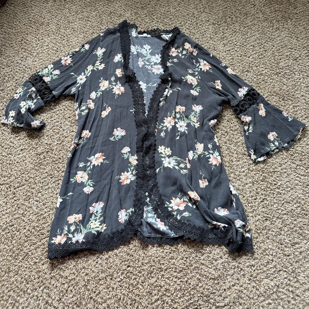 Floral Kimono Cardigan with Lace Trim